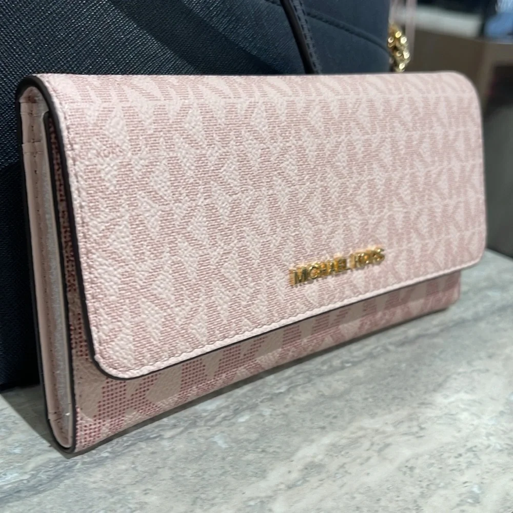 Michael Kors Jet Set Large Logo Trifold Wallet Powder Blush Multi NWT